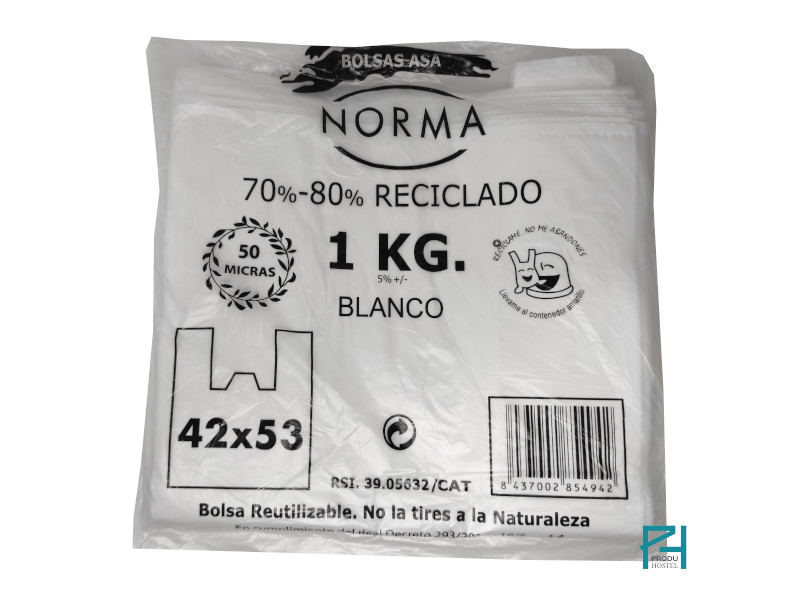 Bolsa camiseta blanca de plástico reciclado 42x52 cm, formato 1 kg