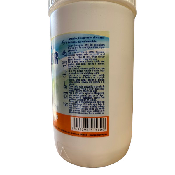 Bote blanco con tapa de plástico con instrucciones de uso